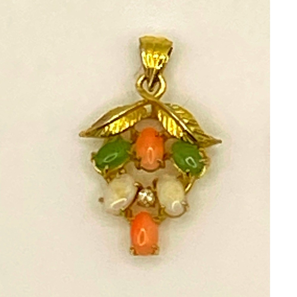 Vintage Gold Tone‎ Pendant Coral Green White Cabochon Stone Cluster Leaf Charm S
